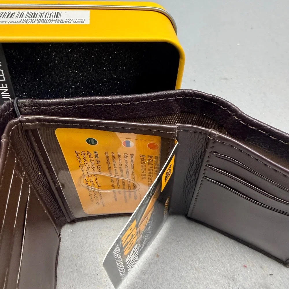 CAT Caterpillar RFID Shield Trifold‎ Brown Leather Wallet Men Metal Gift Box NEW